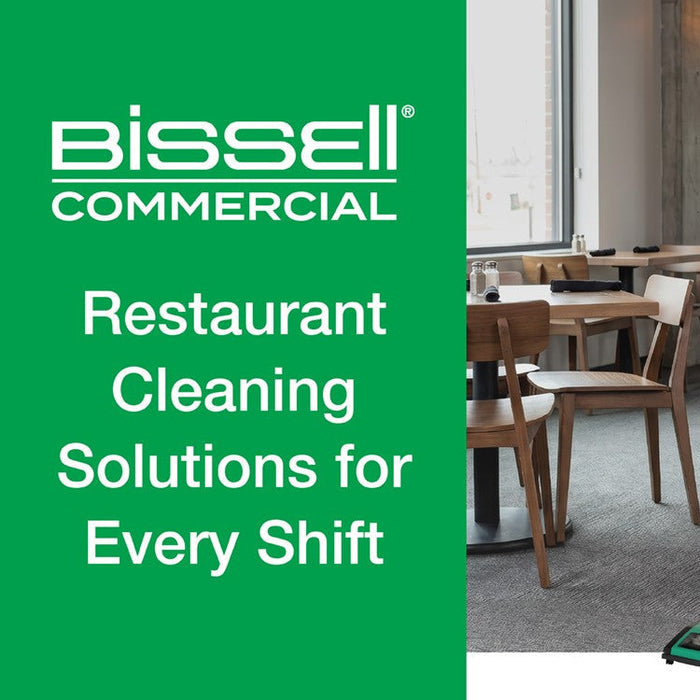 BISSELL Commercial restaurant cleaning equipment, including an upright vacuum, floor sweeper, and floor machine, displayed inside a restaurant dining area.