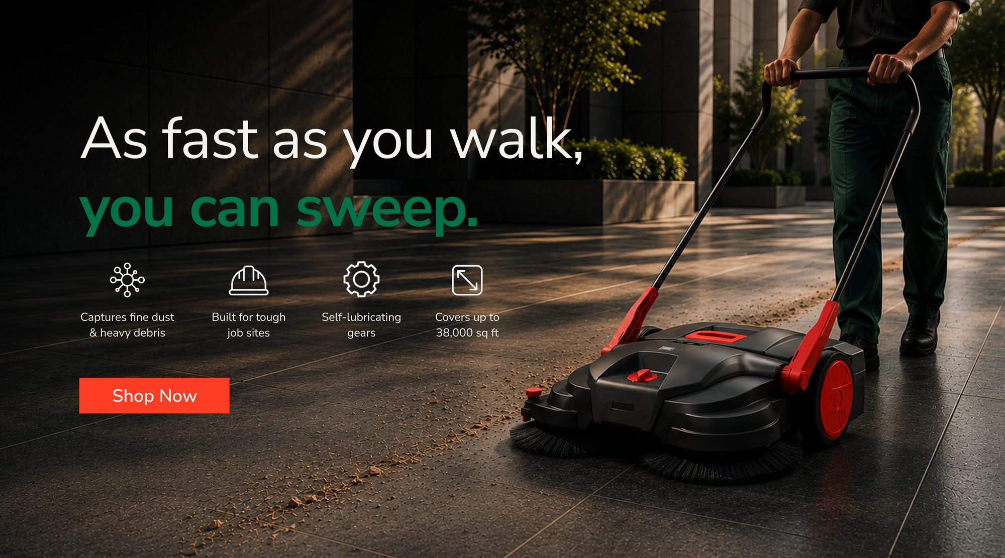 A person using a floor sweeper on a dark tiled outdoor walkway. The ad includes marketing text reading 'As fast as you walk, you can sweep.